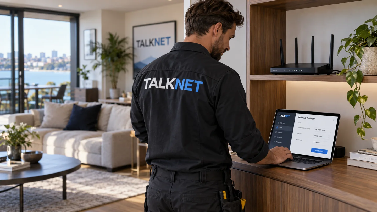 Technik Talknet konfiguruje domowy router i sprawdza ustawienia na laptopie